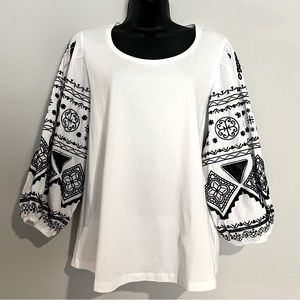 Chico’s White Blouse with Black Cutout Embroidered Puff Sleeves 2 / L NWT
